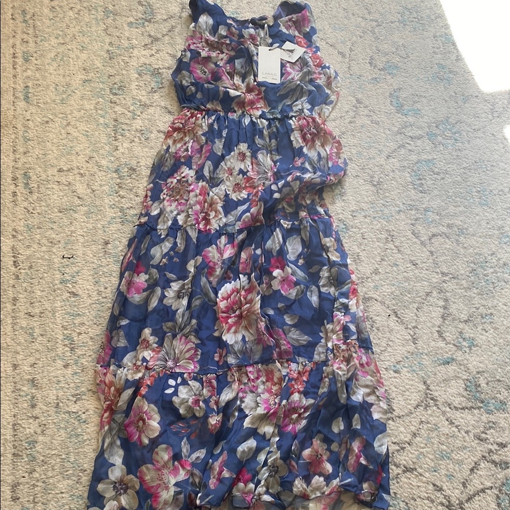 Pink and Blue silk Maxi Sundress with Ruffled Smocked Details